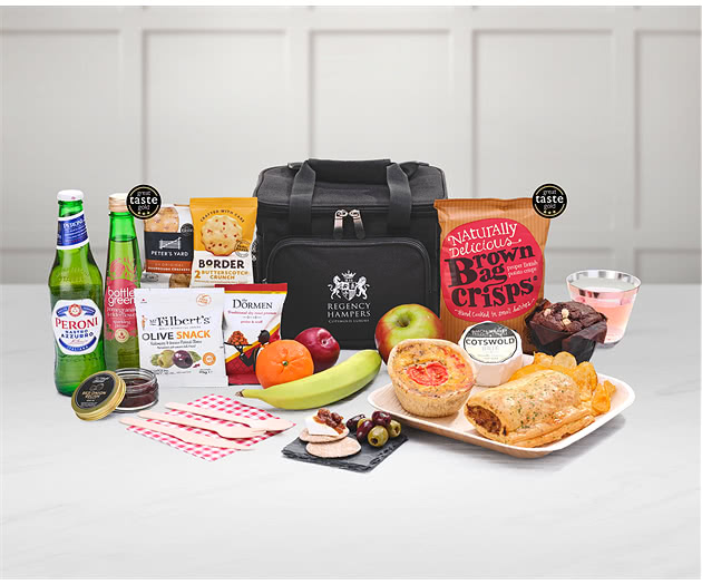 Small Picnic Pastries, Cheese, Snacks & Fruit Hamper in Cooler Bag With Beer