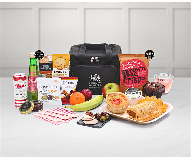Small Picnic Pastries, Cheese, Snacks & Fruit Hamper in Cooler Bag With Pimm's & Lemonade