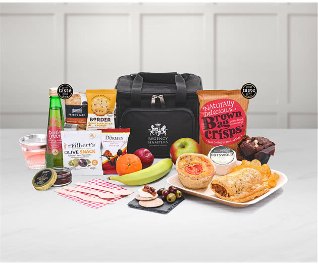 Small Picnic Pastries, Cheese, Snacks & Fruit Hamper in Cooler Bag With Sparkling Pressé