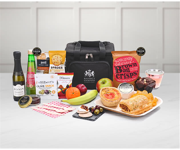 Small Picnic Pastries, Cheese, Snacks & Fruit Hamper in Cooler Bag With Prosecco