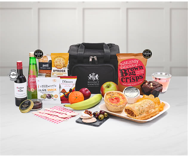 Small Picnic Pastries, Cheese, Snacks & Fruit Hamper in Cooler Bag With Red Wine
