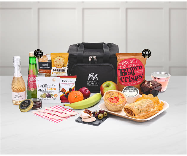 Small Picnic Pastries, Cheese, Snacks & Fruit Hamper in Cooler Bag With Rosé Prosecco