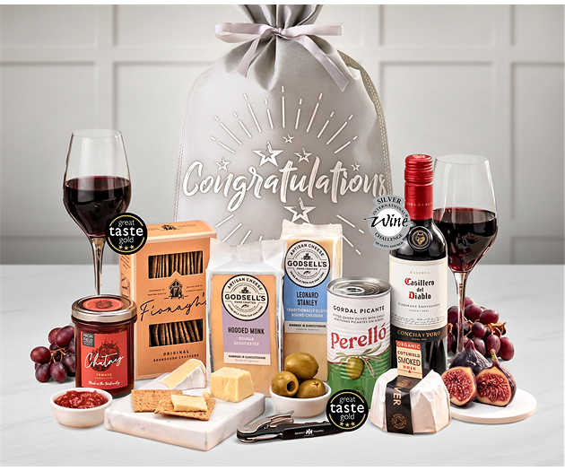 Congratulations Cotswold Artisan Cheese & Wine Tasting Gift with Red Wine