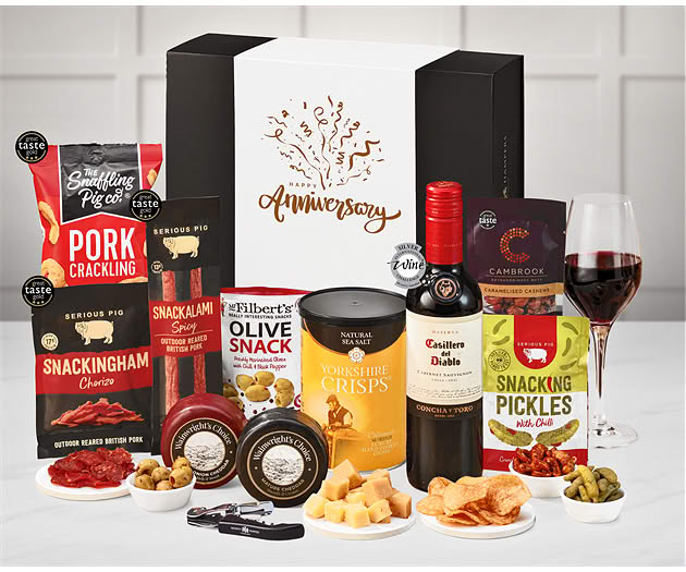 Anniversary Cheese & Pub Snacks Box with Red Wine