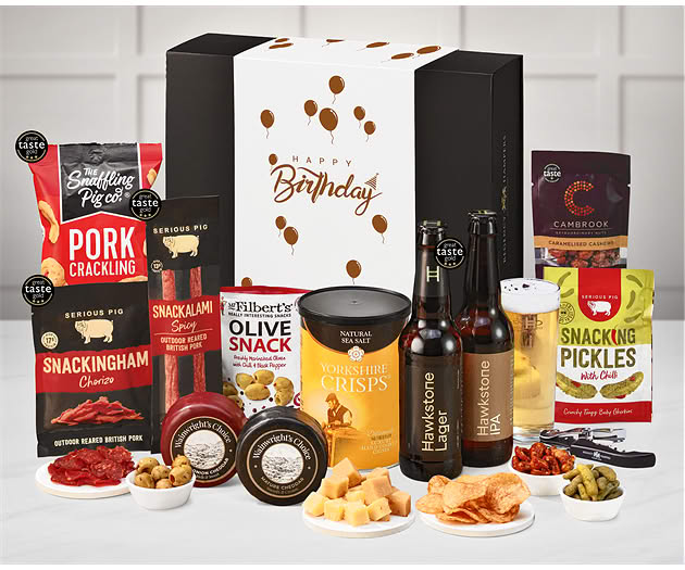 Birthday Cheese & Pub Snacks Box with Hawkstone Beer Selection