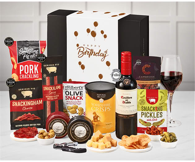 Birthday Cheese & Pub Snacks Box with Red Wine