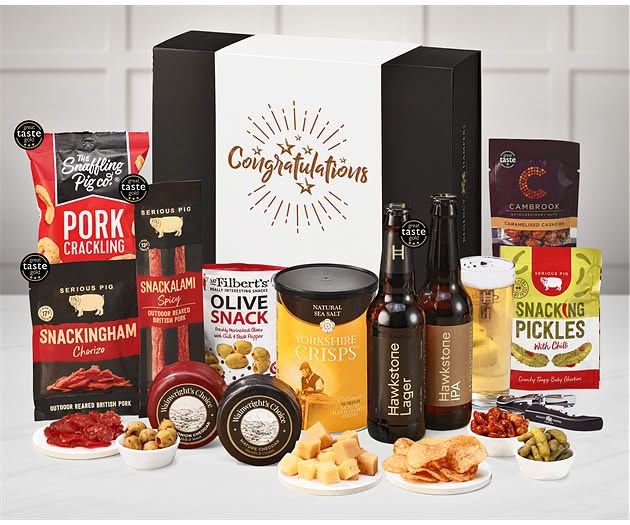 Congratulations Cheese & Pub Snacks Box with Hawkstone Beer Selection