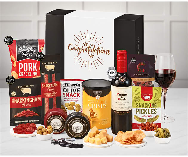 Congratulations Cheese & Pub Snacks Box with Red Wine