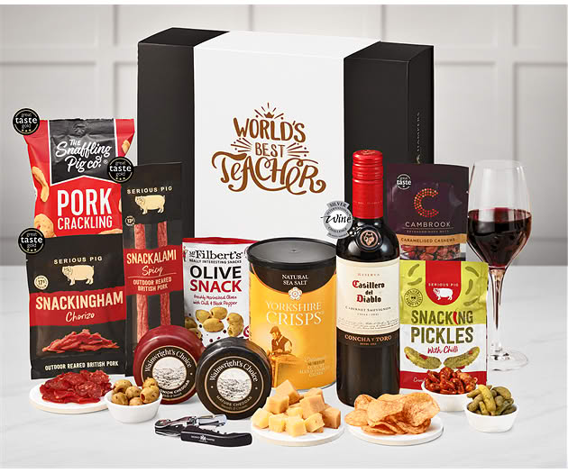 Great Teacher Cheese & Pub Snacks Box with Red Wine