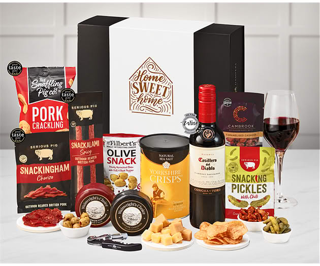 New Home Cheese & Pub Snacks Box with Red Wine