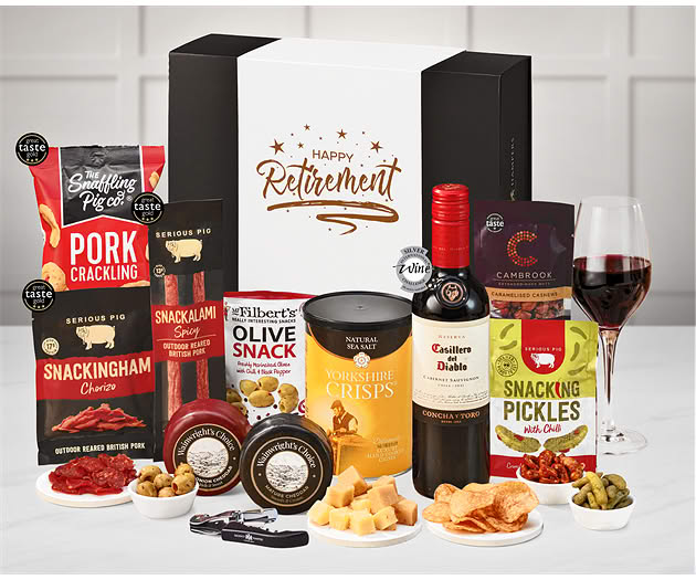 Retirement Cheese & Pub Snacks Box with Red Wine