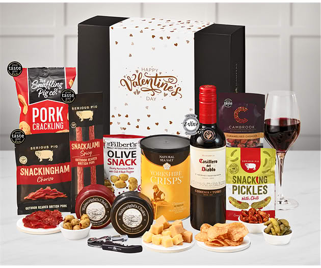 Valentine's Day Cheese & Pub Snacks Box with Red Wine