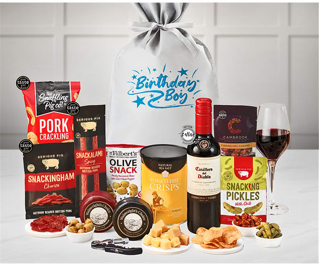Birthday For Him Cheese & Pub Snacks Gift with Red Wine