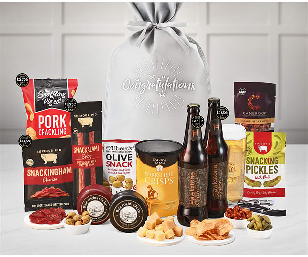 Congratulations Cheese & Pub Snacks Gift with Hawkstone Ciders