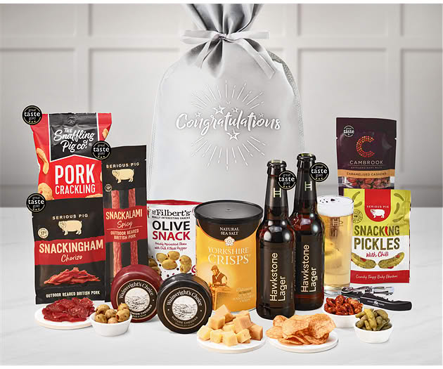 Congratulations Cheese & Pub Snacks Gift with Hawkstone Lagers