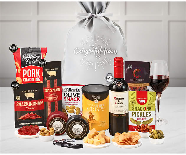 Congratulations Cheese & Pub Snacks Gift with Red Wine