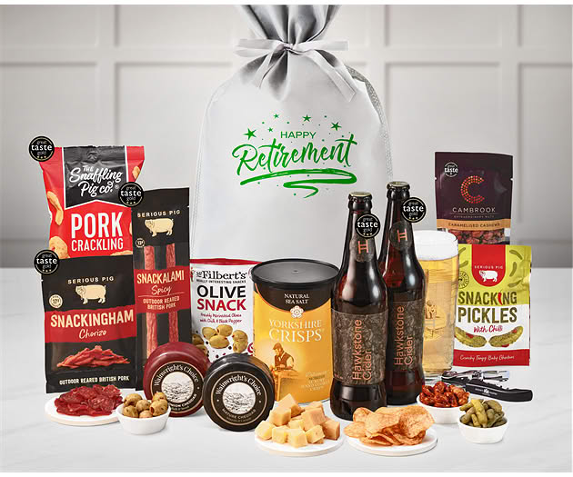 Retirement Cheese & Pub Snacks Gift with Hawkstone Ciders