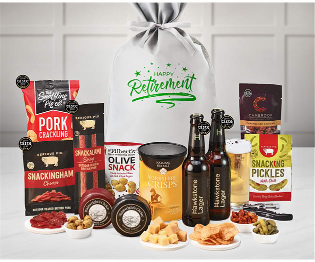 Retirement Cheese & Pub Snacks Gift with Hawkstone Lagers