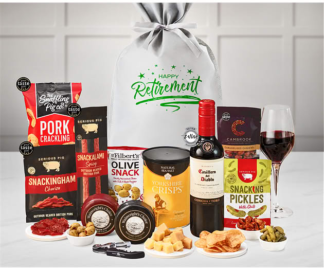 Retirement Cheese & Pub Snacks Gift with Red Wine