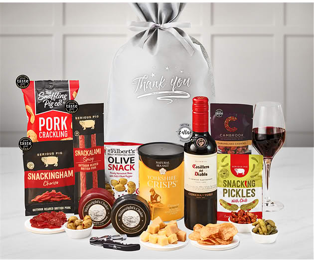 Thank You Cheese & Pub Snacks Gift with Red Wine
