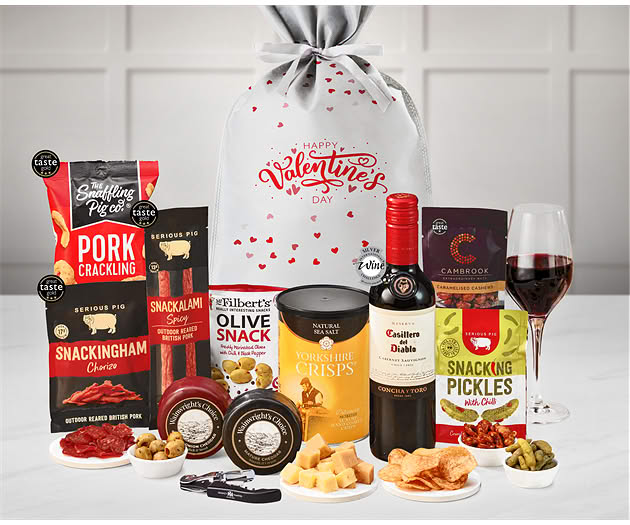 Valentine's Day Cheese & Pub Snacks Gift with Red Wine