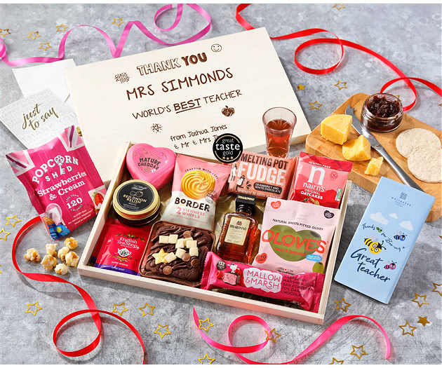 Great Teacher Pink Treats & Cheese Letterbox Hamper With Disaronno Liqueur