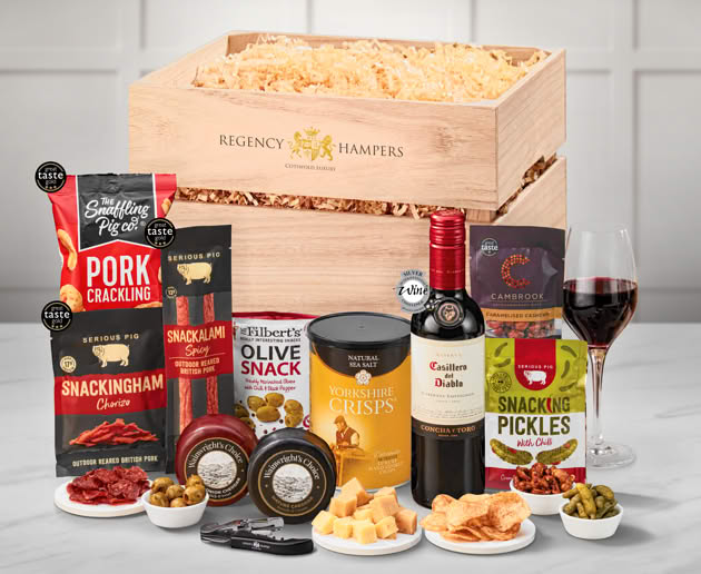 Cheese & Pub Snacks Crate with Red Wine