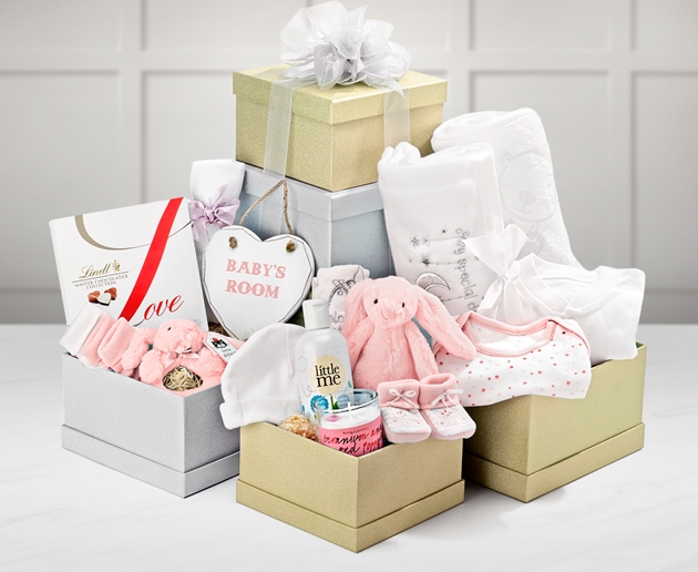 New Baby Large Gift Tower In Pink Regency Hampers