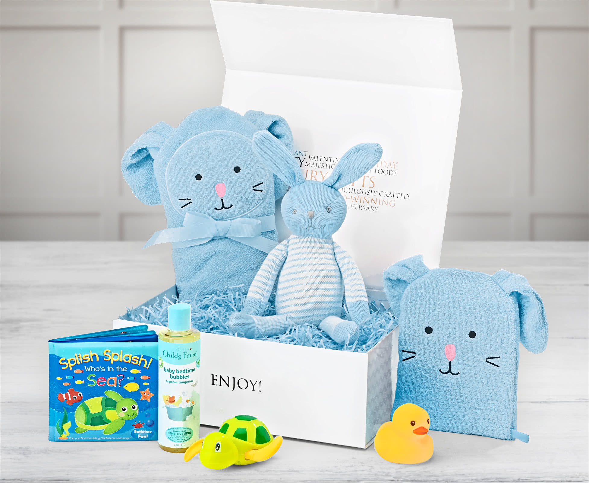 New Baby "stripy Rabbit" Essential Baby Bathtime Alcohol-free Gift Hamper Gift Box in a RH Branded Medium Magnetic Box