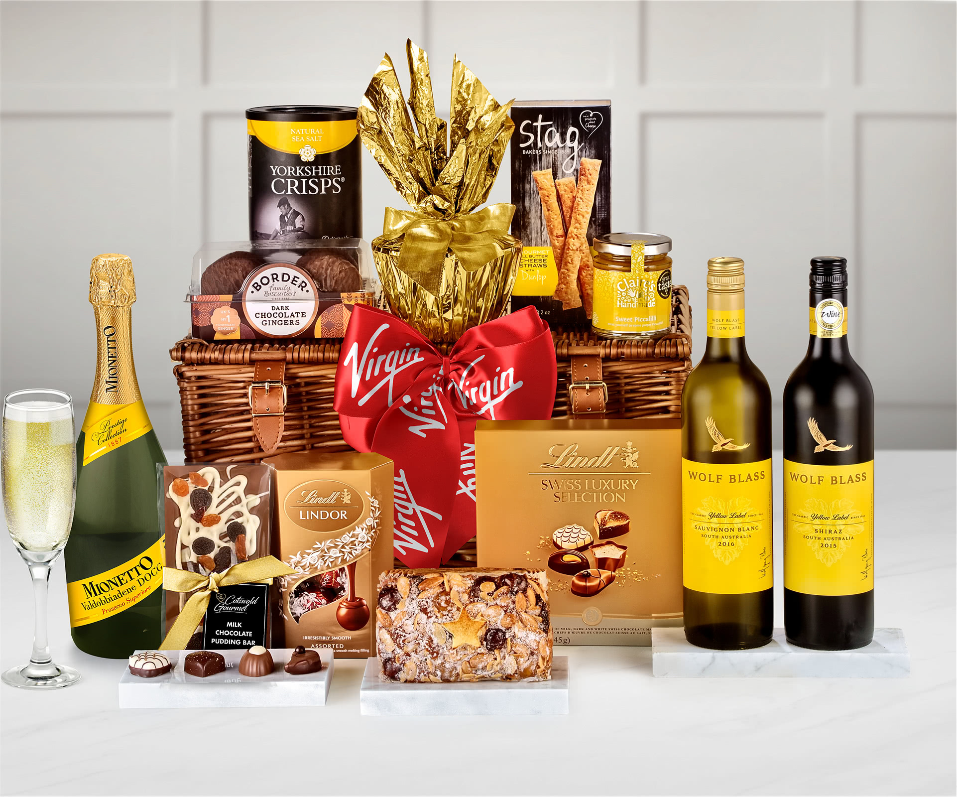 Bespoke Branded Burford Gift Hamper With Yellow Label Shiraz Red Wine in a Handmade Willow Picnic Hamper