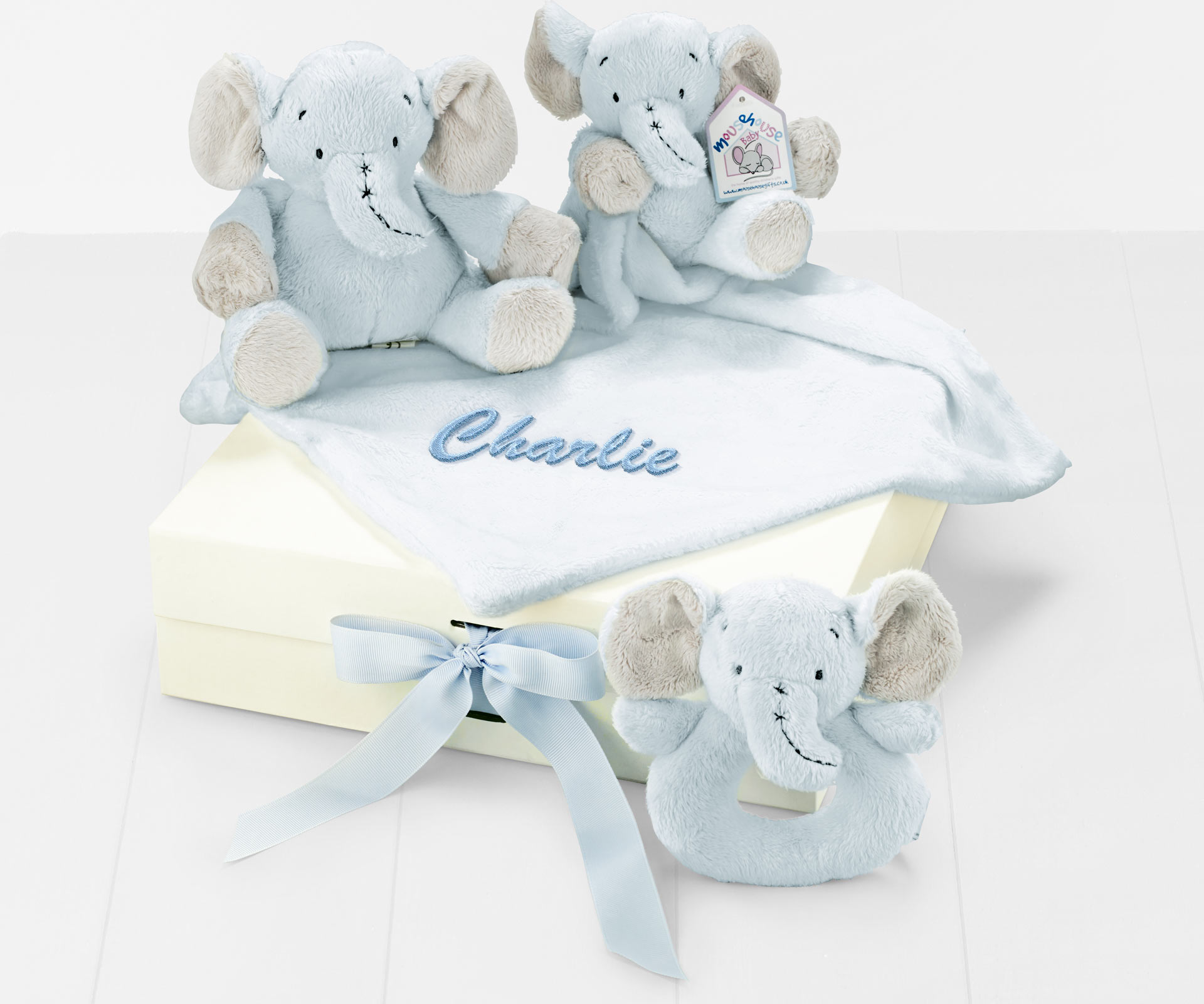 Personalised Comforter, Rattle Toy Gift Box in Blue Regency