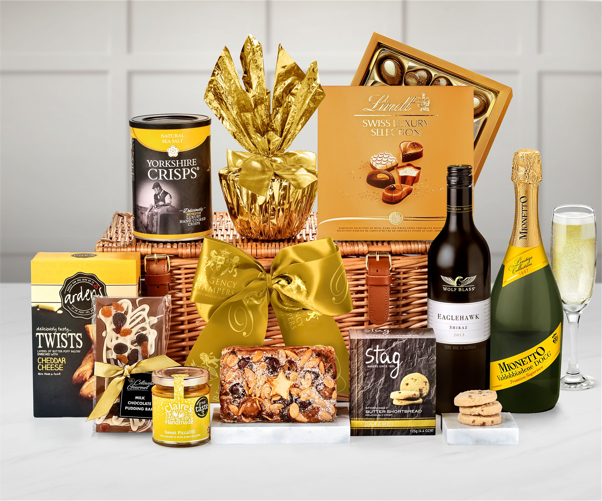 Dorchester Gift Hamper With Eaglehawk Shiraz Red Wine and Lindt Swiss Luxury Chocolates in a Handmade Willow Picnic Hamper