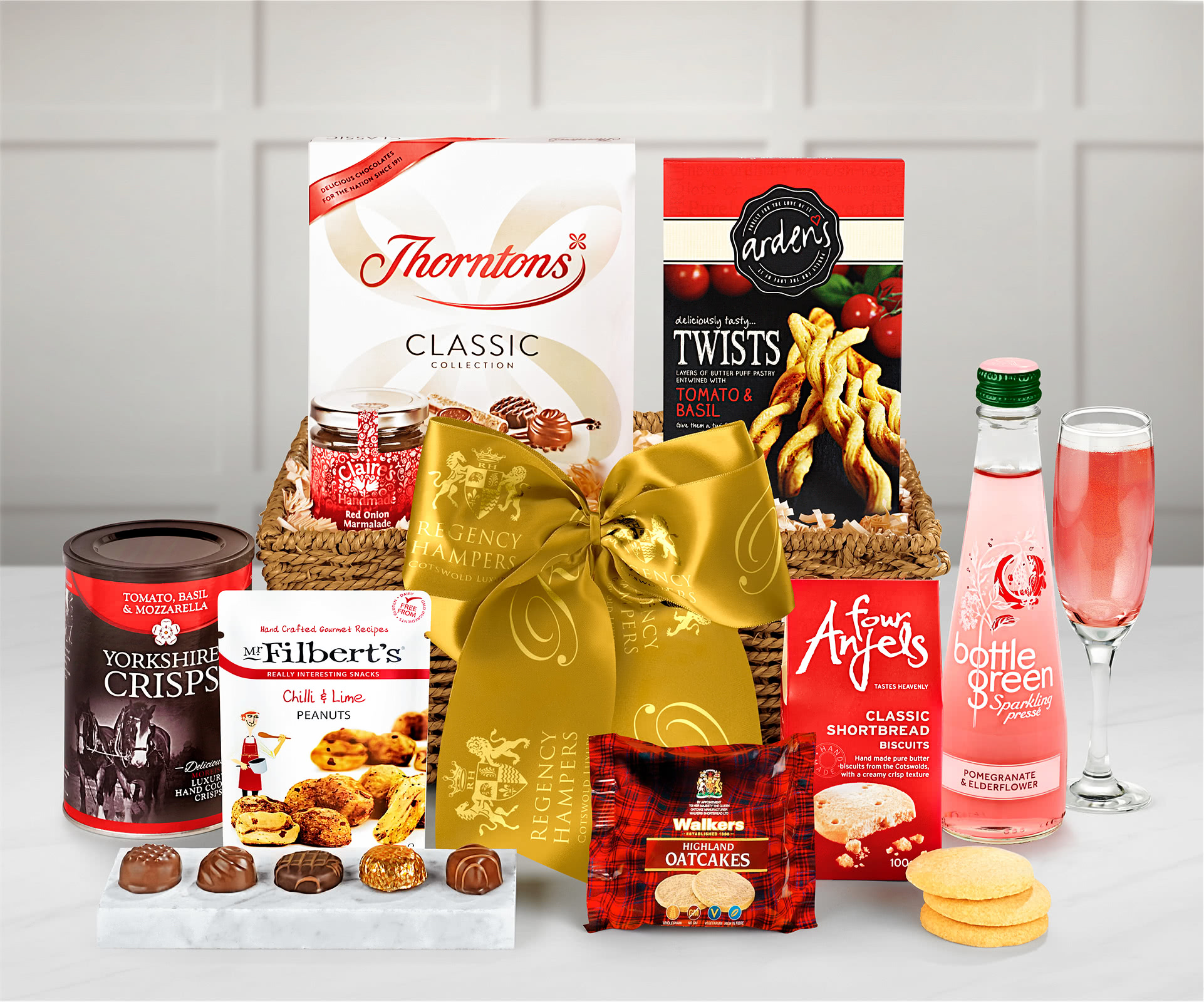 Cotswold Alcohol-free Gift Hamper With Bottlegreen Pomegranate & Elderflower Pressé in a Hand Woven Willow Tray