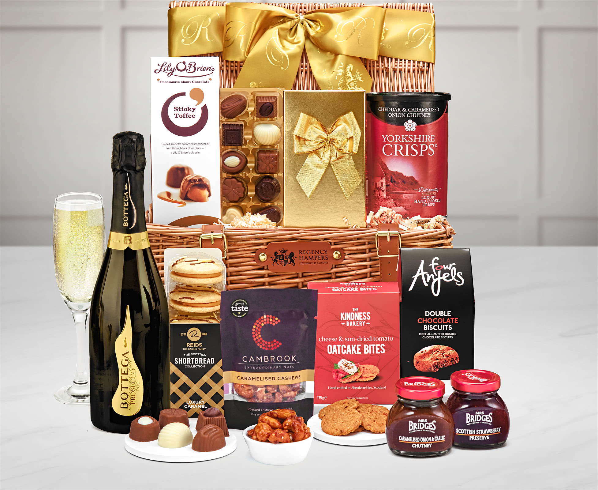 Beaumont Sweet & Savoury Selection Gift Hamper With Bottega, Millesimato Spumante Brut, 75cl in a Handmade Willow Picnic Hamper
