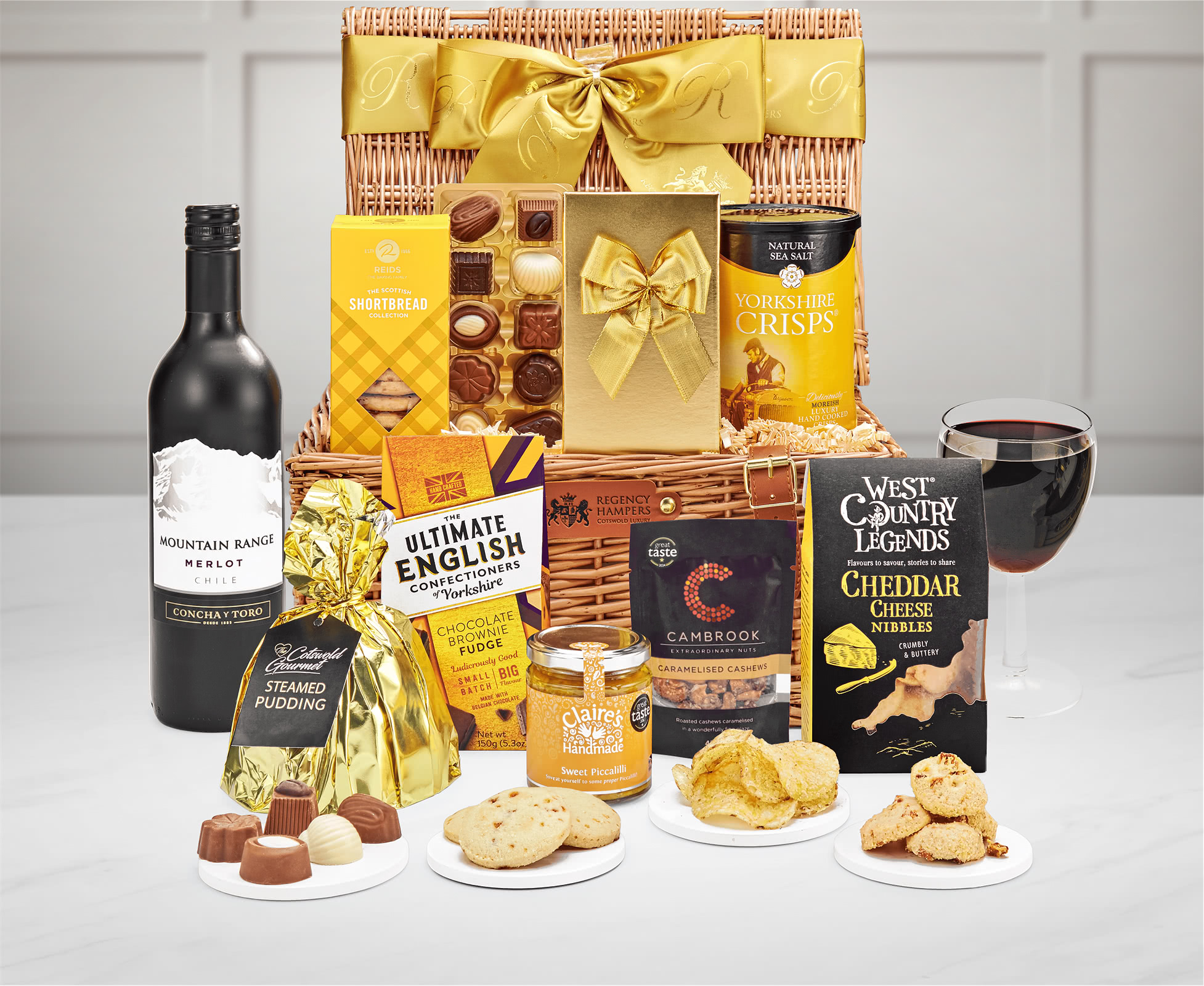 Carlton Artisan Snack Variety Gift Hamper With Concha Y Toro, Mountain Range Merlot, 75cl in a Handmade Willow Picnic Hamper