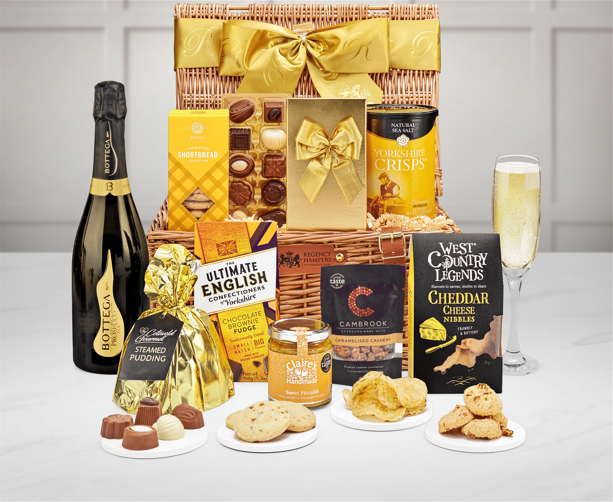Carlton Artisan Snack Variety Gift Hamper With Bottega, Millesimato Spumante Brut, 75cl in a Handmade Willow Picnic Hamper