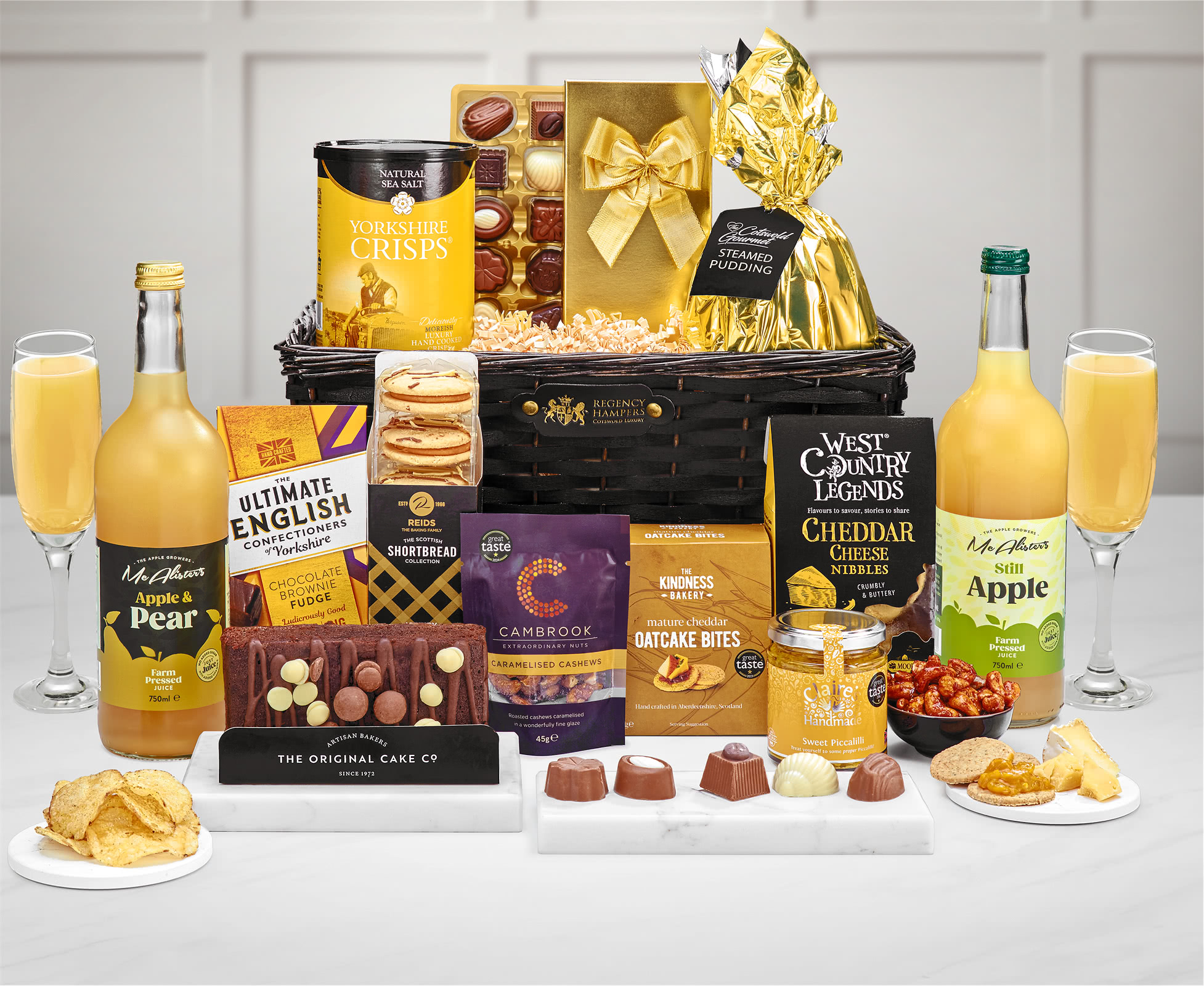 Hemsley Alcohol-free Gift Hamper With Mcalister's, Apple & Pear Farm Pressed Juice, 75cl in a Hand Woven Willow Tray