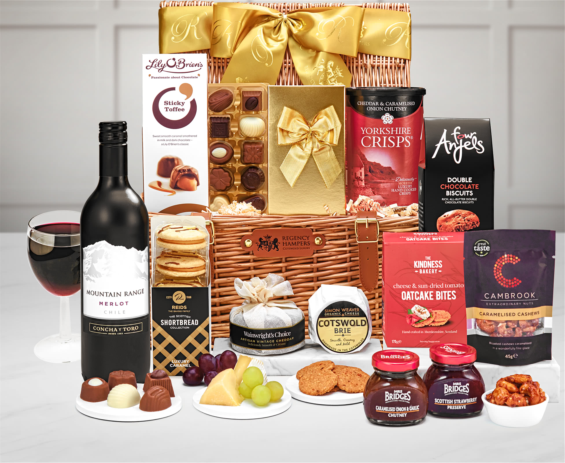 Bridewell Cheese & Luxury Treats Gift Hamper With Concha Y Toro, Mountain Range Merlot, 75cl in a Handmade Willow Picnic Hamper