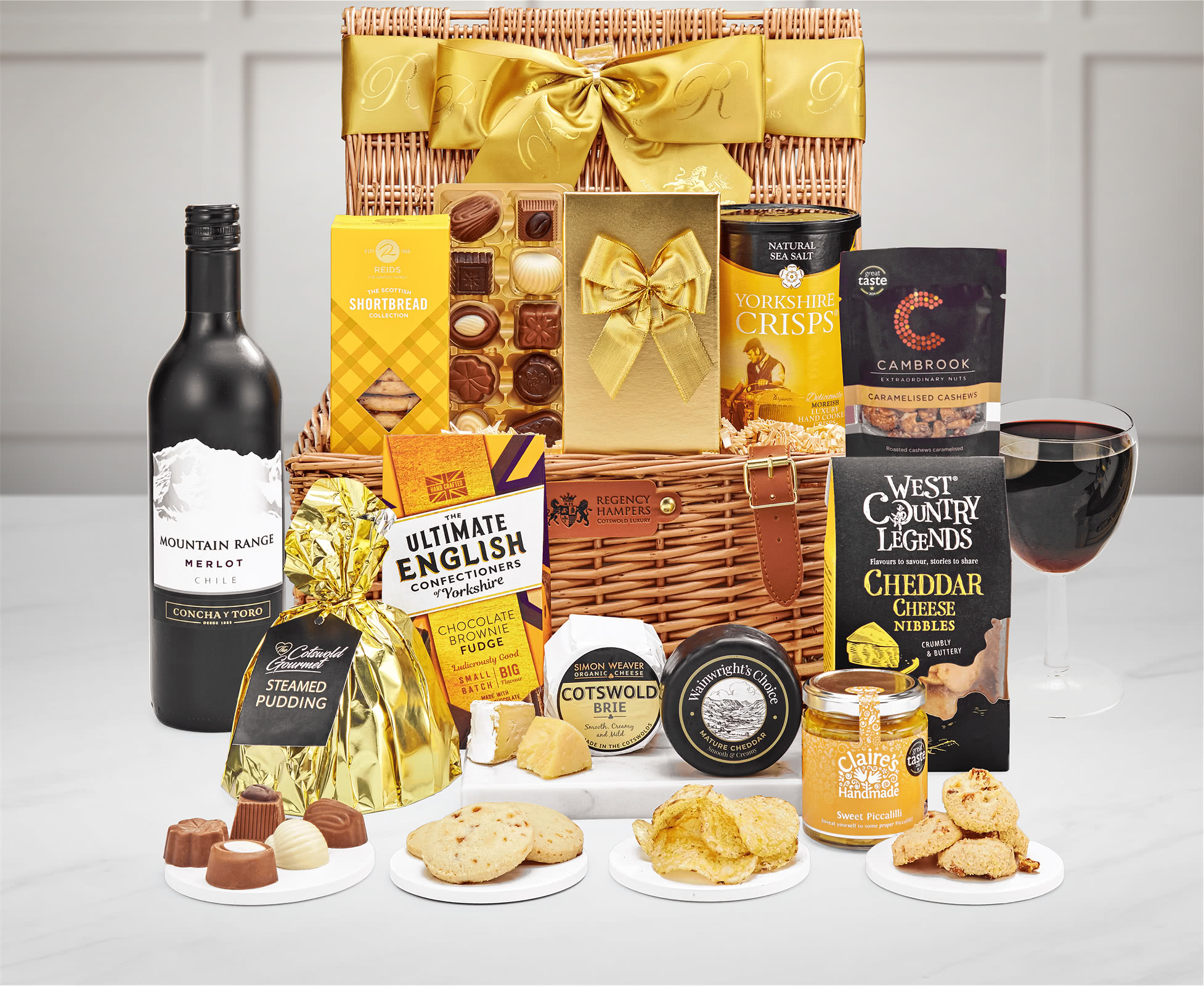 Fairfield Cheese & Gourmet Favourites Gift Hamper With Concha Y Toro, Mountain Range Merlot, 75cl in a Handmade Willow Picnic Hamper