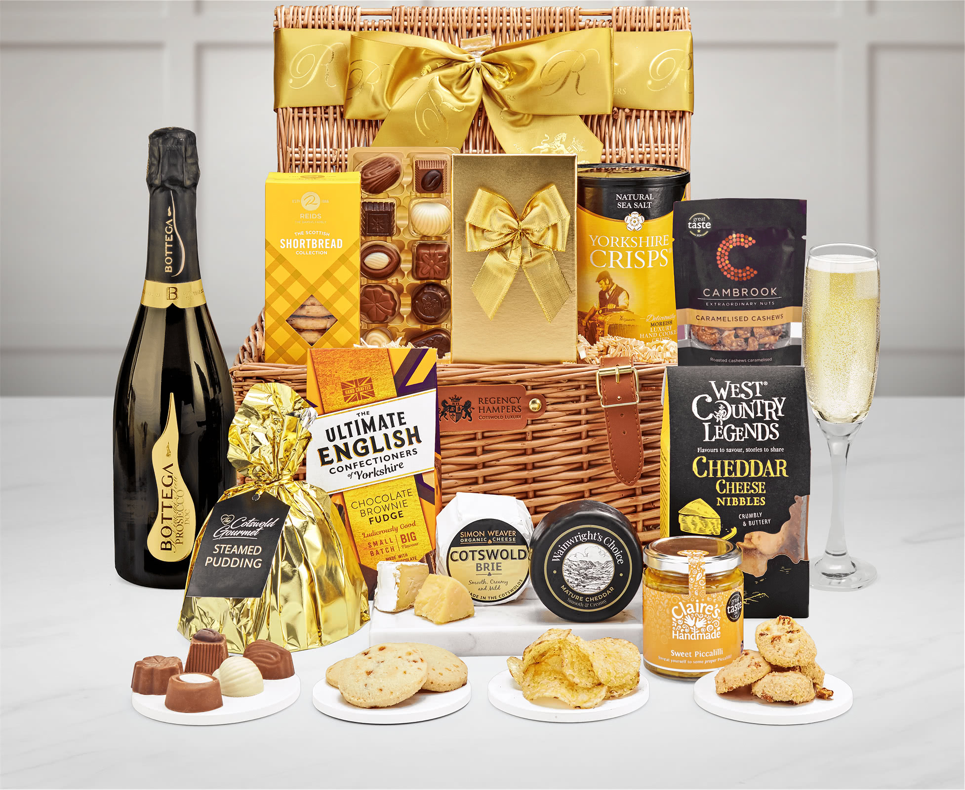 Fairfield Cheese & Gourmet Favourites Gift Hamper With Bottega, Millesimato Spumante Brut, 75cl in a Handmade Willow Picnic Hamper