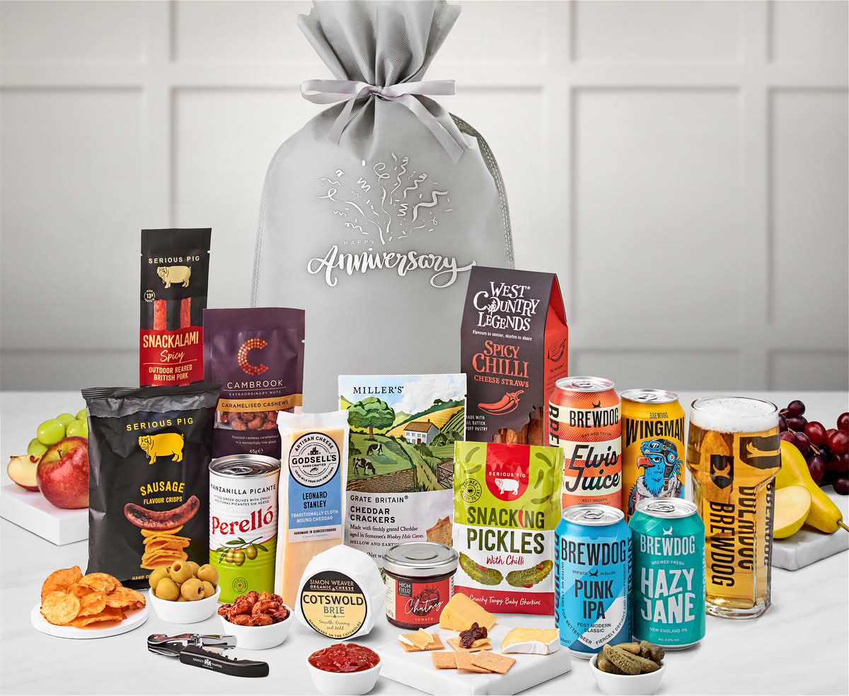 Anniversary Cotswold Craft Ale & Cheese Gift With Brewdog, "elvis Juice" Ale, 330ml in a Silver, "happy Anniversary" Printed Sack