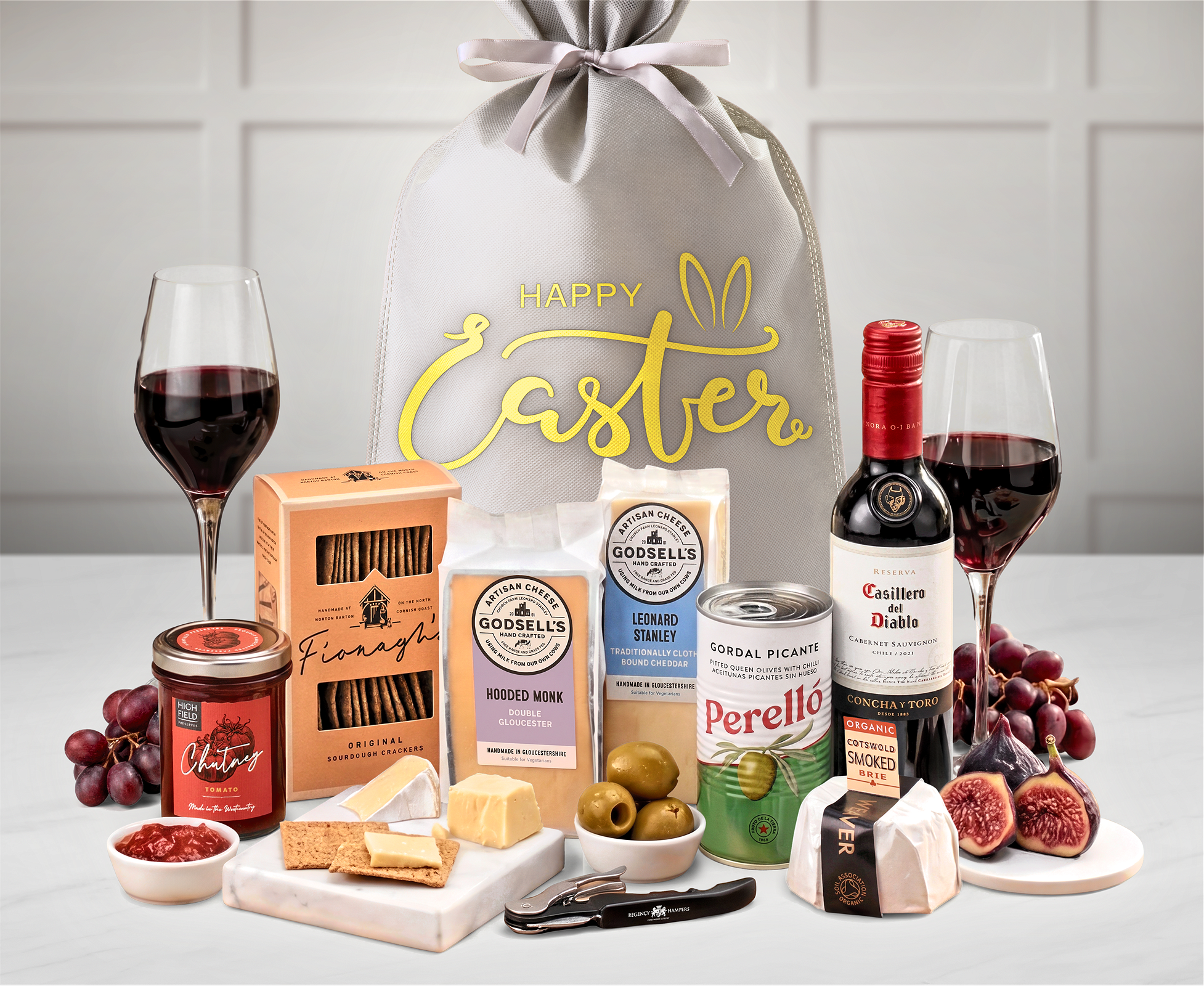 Easter Cotswold Artisan Cheese & Wine Tasting Gift in a Silver, "happy Easter" Printed Sack
