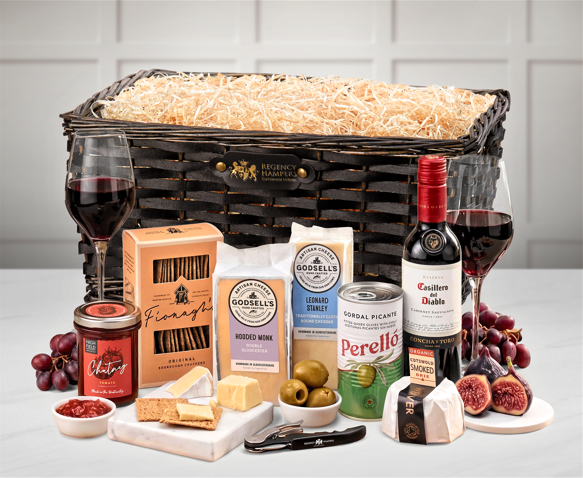 Get Well Soon Cotswold Artisan Cheese & Wine Tasti Tray With Casillero Del Diablo Cabernet Sauvignon in a Hand-woven Seagrass Tray