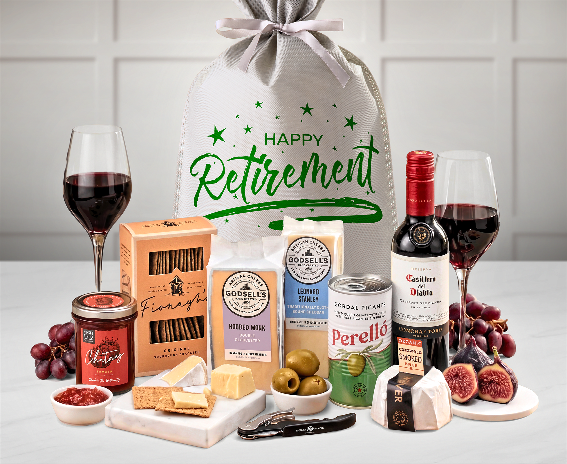 Retirement Cotswold Artisan Cheese & Wine Tasting Gift in a Silver, "happy Retirement" Printed Sack