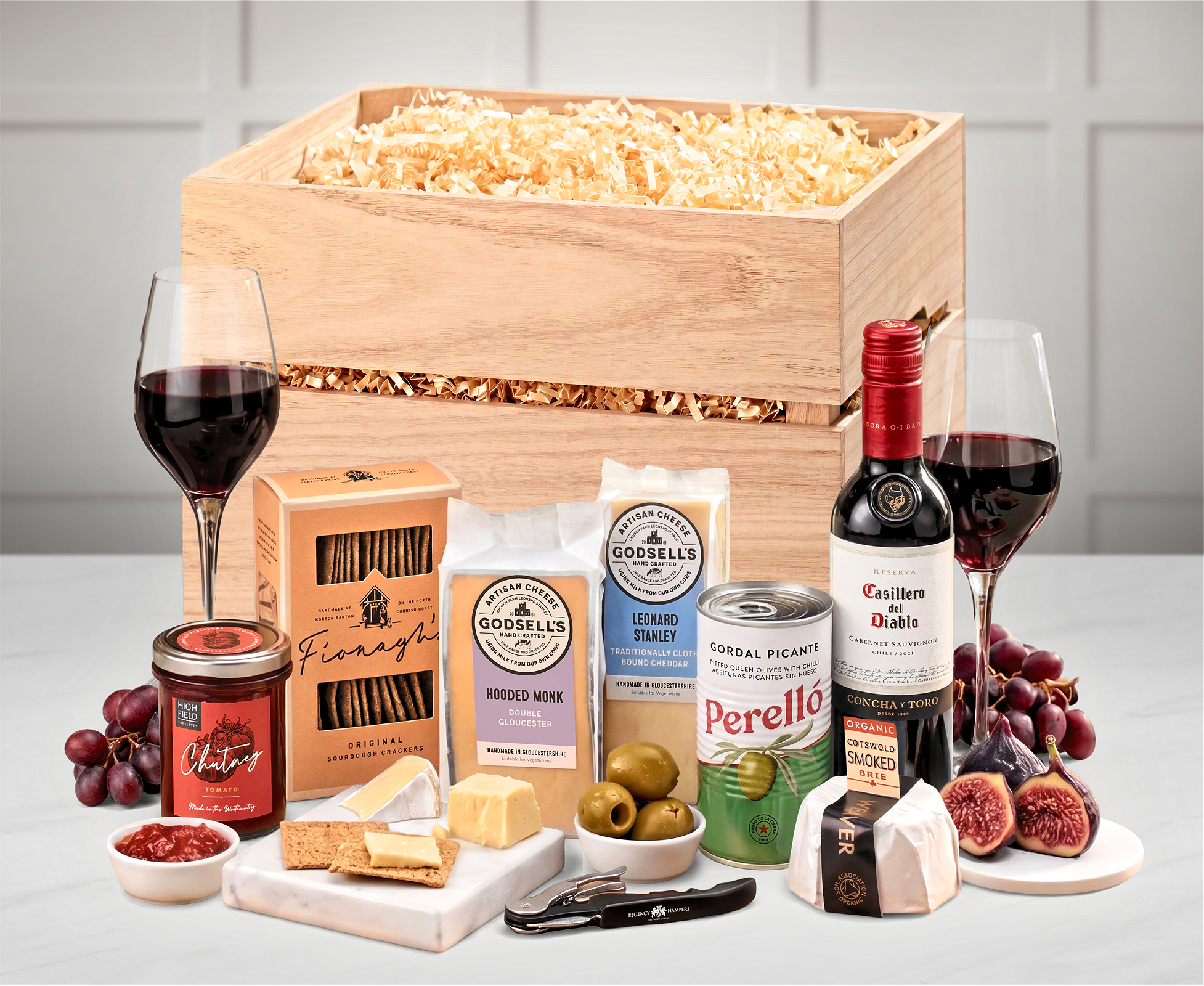Thank You Cotswold Artisan Cheese & Wine Tasting Crate With Casillero Del Diablo Cabernet Sauvignon in a Medium Wooden Fruit Crate