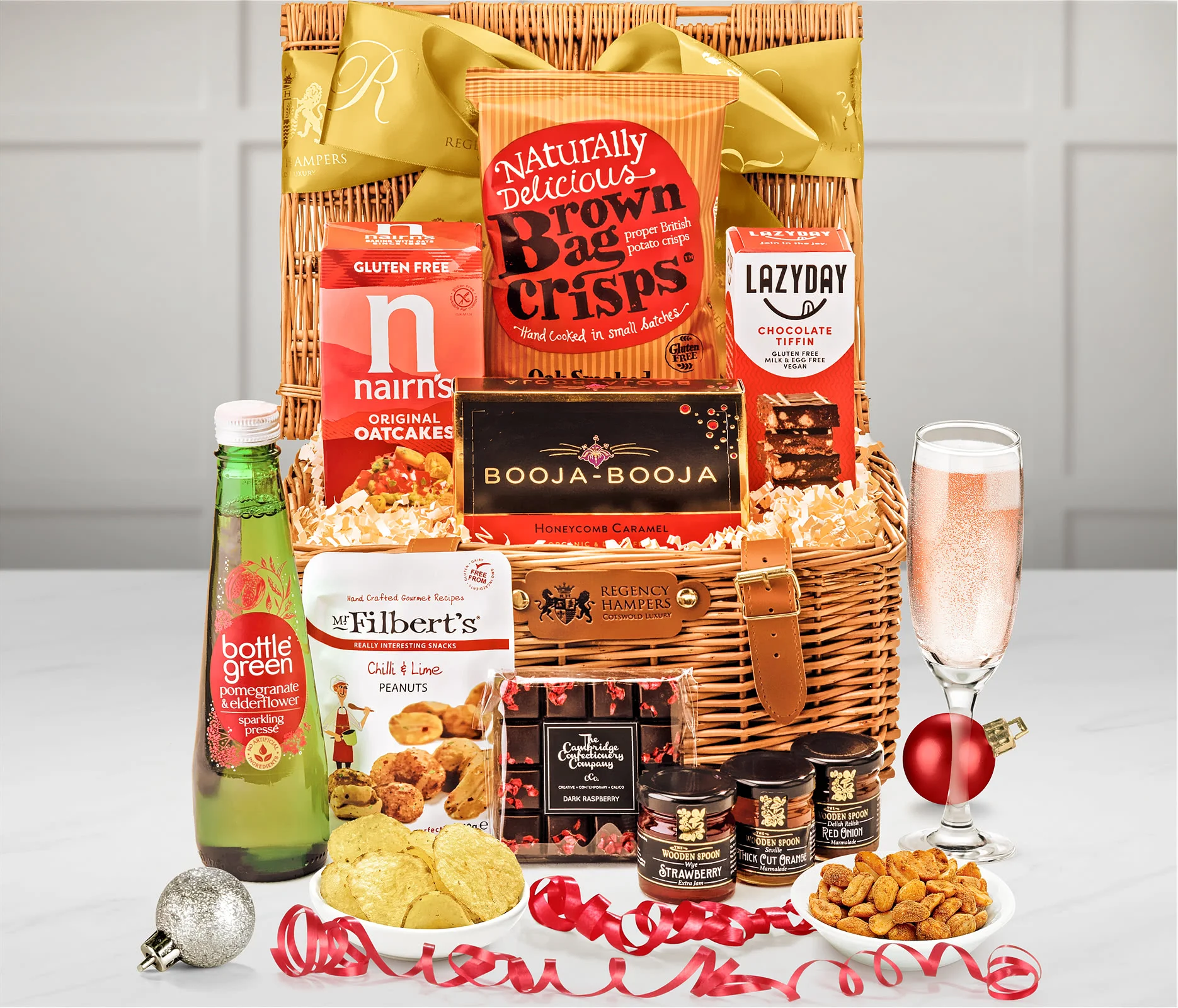 A Christmas hamper with alcohol-free beverages, vegan & gluten-free foods.